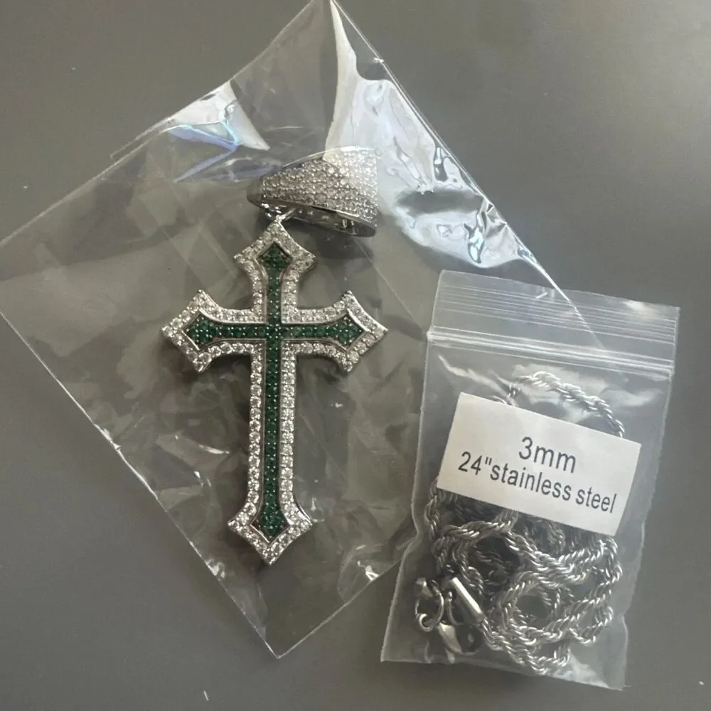 Silver Plated Green Cubic Zirconia Cross Pendant 24 Inch Necklace Unisex Hip Hop